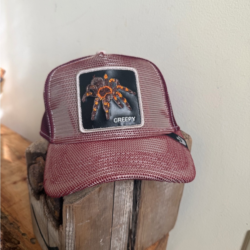 Goorin Bros “Creepy” Maroon Trucker Hat with embroidered Spider Patch